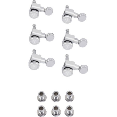 FENDER Staggered Locking Tuners with Vintage-Style Buttons, Polished Chrome (6) - vai con la sigla